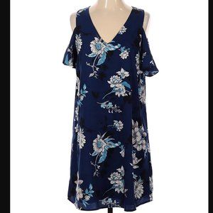 Sugar Lips Open Shoulder Shift V-Neck Dress Navy Floral Size Small